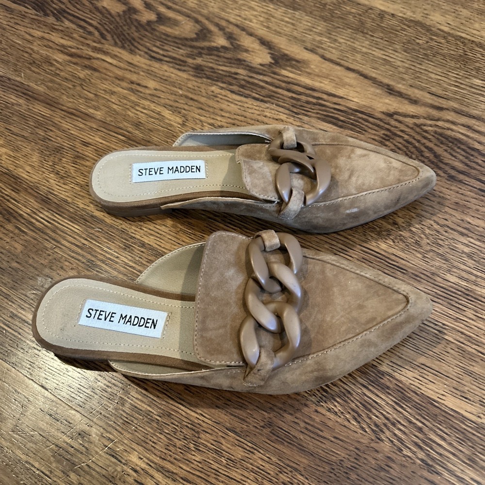 Steve Madden Fleur Pointed Toe Mules Tan Suede Chain Slip-On Shoes 5M
